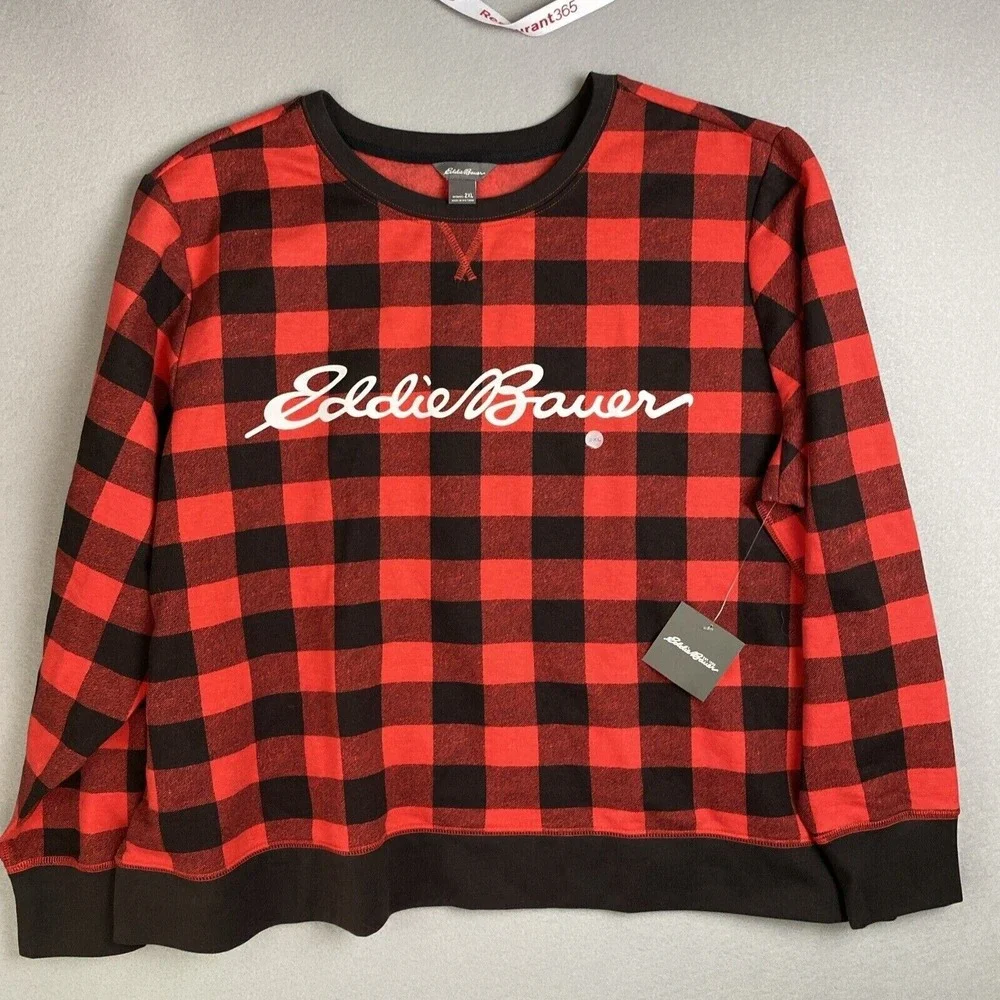 Eddie Bauer Womens 2XL Red Black Buffalo Plaid Camp‎ Fleece Sweatshirt Christmas